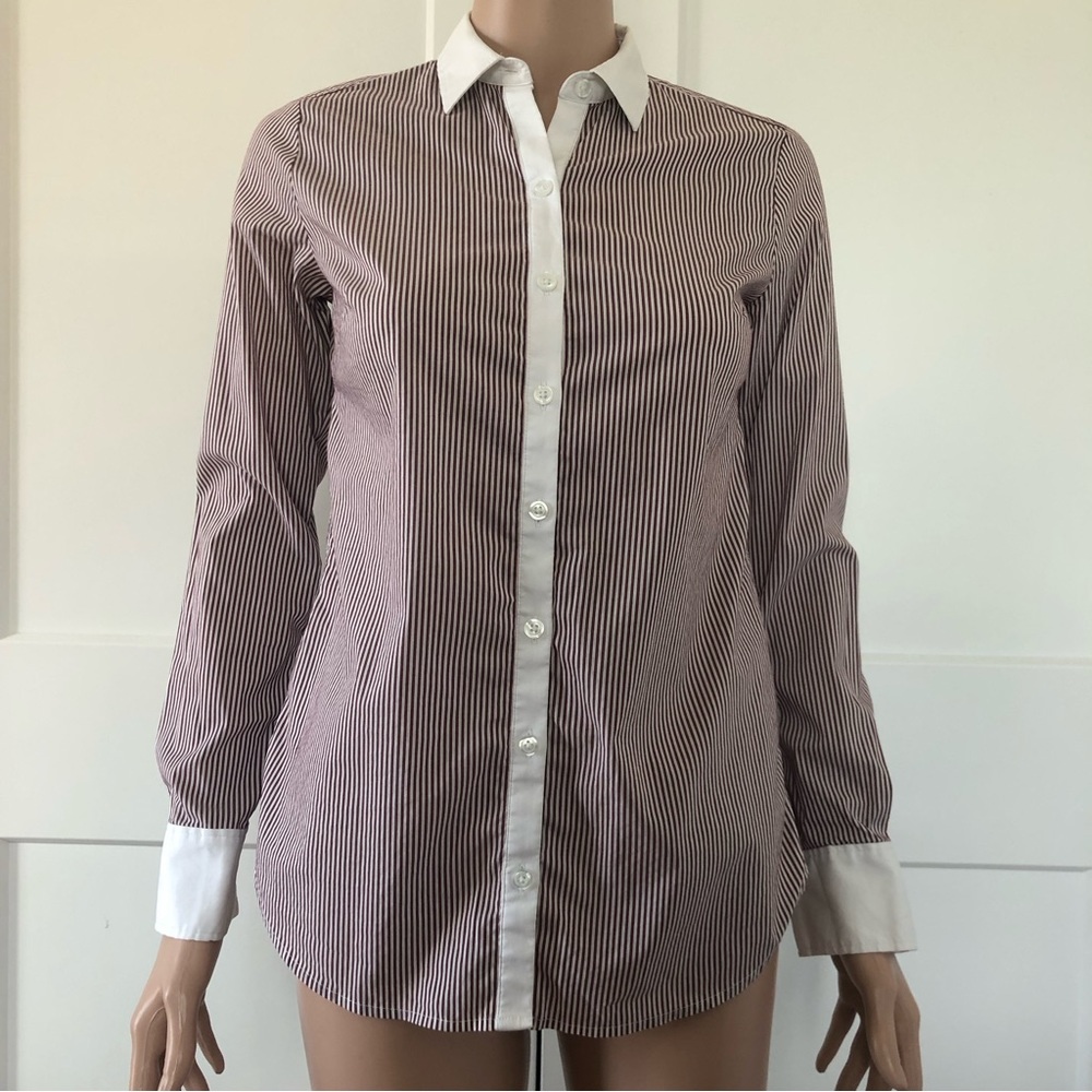 Ann Taylor Burgundy White Stripes Long Sleeved Button Top Shirt 2P Petite